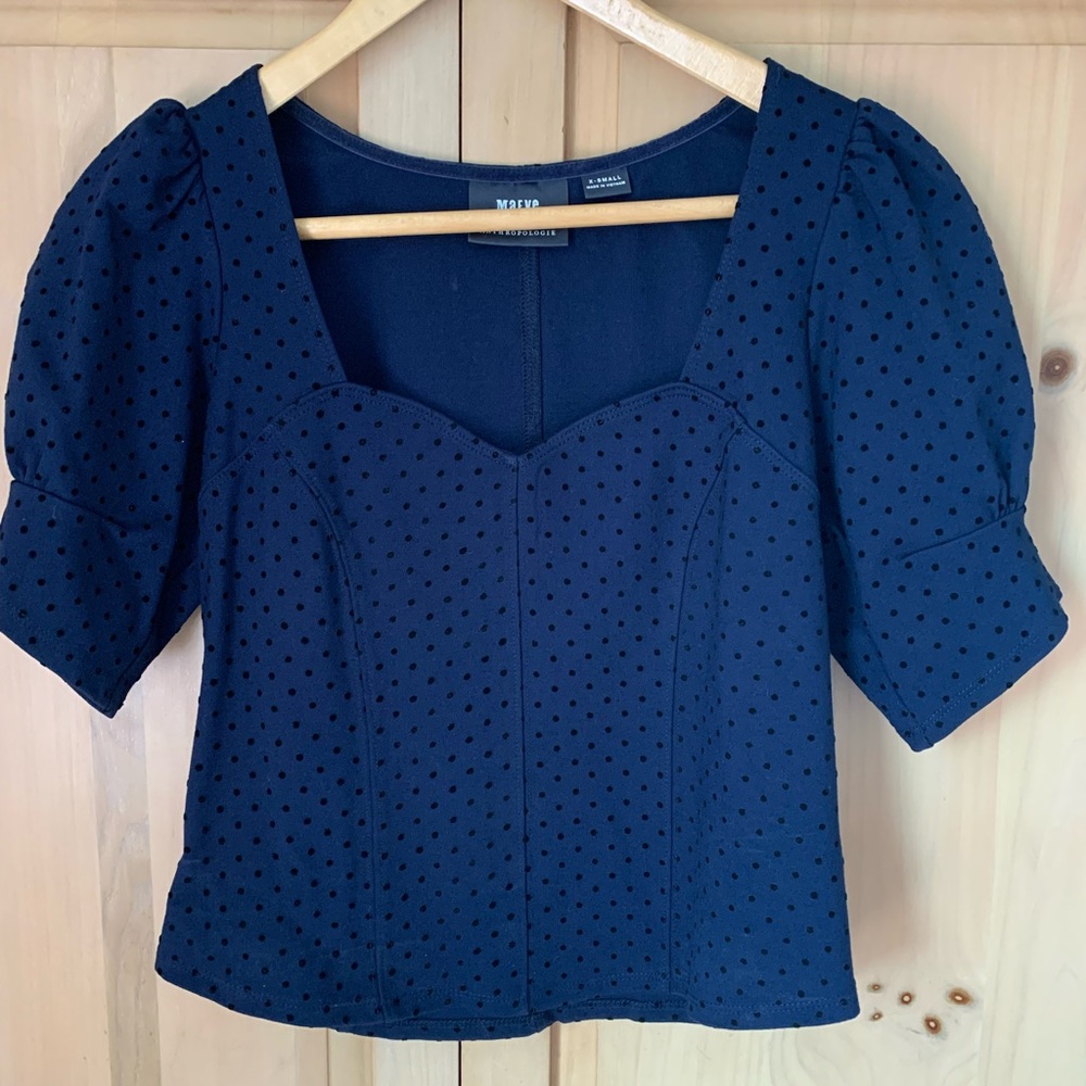 Anthropologie Navy Puff Sleeve Blouse